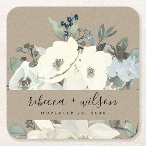 KRAFT IVORY WHITE FLORAL WATERCOLOR BUNCH WEDDING SQUARE PAPER COASTER