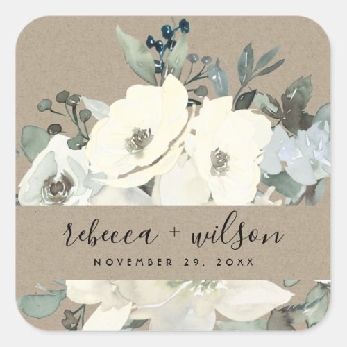 KRAFT IVORY WHITE FLORAL WATERCOLOR BUNCH WEDDING SQUARE STICKER