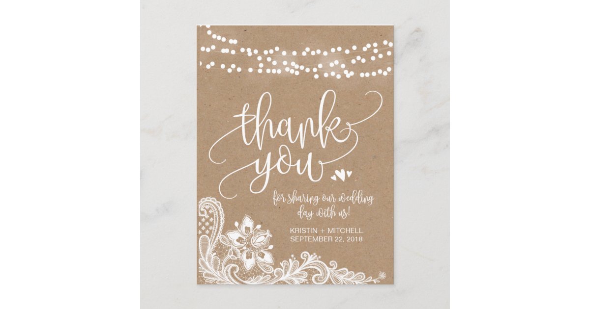 Kraft Lace and Lights Rustic Thank You Post Card | Zazzle