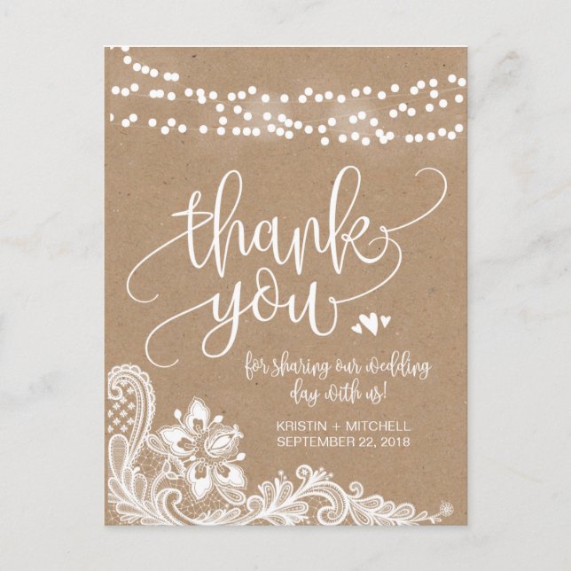 Kraft Lace and Lights Rustic Thank You Post Card (Front)