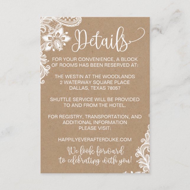 Kraft Lace and Lights Rustic Wedding Detail Card (Front)