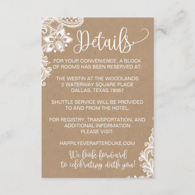 Kraft Lace and Lights Rustic Wedding Detail Card | Zazzle