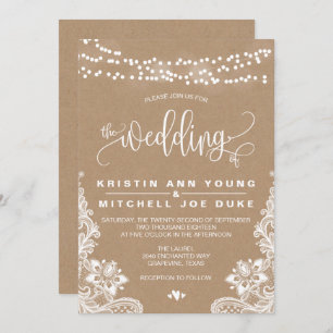 Kraft Lace and Lights Rustic Wedding Invitation
