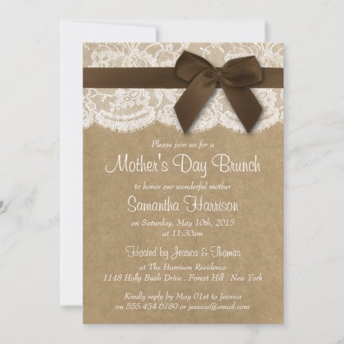 Kraft Lace  Brown Bow Mothers Day Brunch Invitation