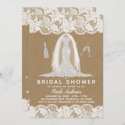 Kraft  Lace Diamond Wedding Dress Bridal Shower Invitation