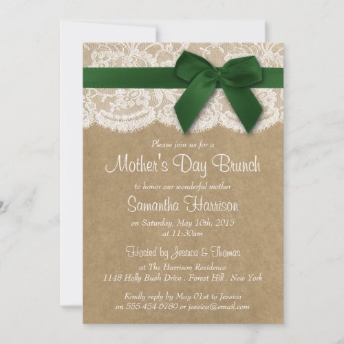 Kraft Lace  Green Bow Mothers Day Brunch Invitation