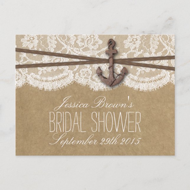 Kraft, Lace & Nautical Anchor Bridal Shower Recipe Invitation Postcard (Front)