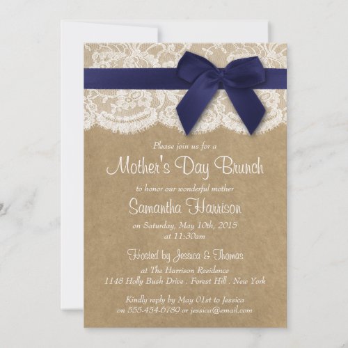 Kraft Lace  Navy Bow Mothers Day Brunch Invitation