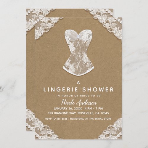 Kraft Lace  Pearls Wedding Lingerie Bridal Shower Invitation