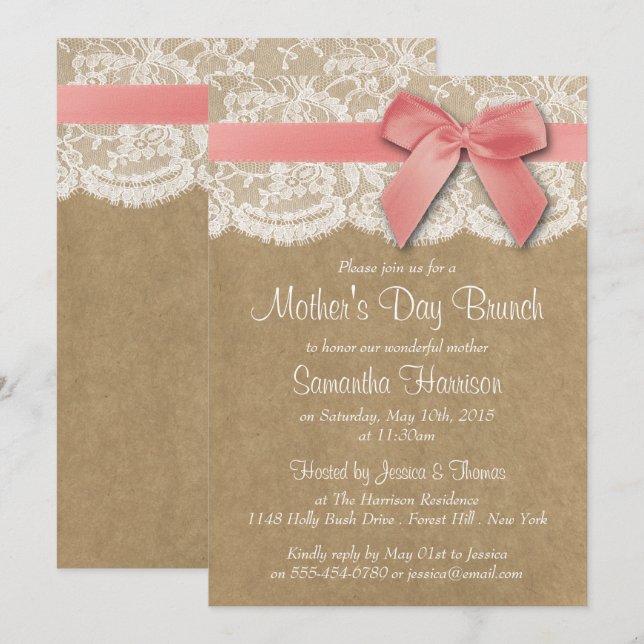 Kraft, Lace & Pink Bow Mother's Day Brunch Invitation (Front/Back)