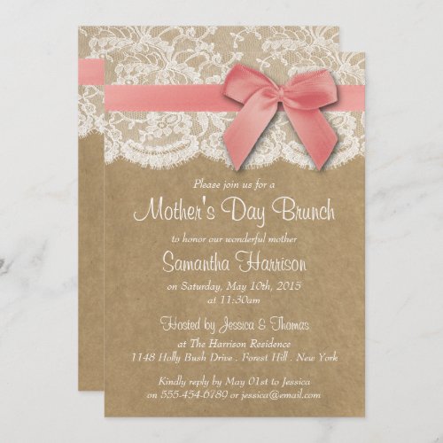 Kraft Lace  Pink Bow Mothers Day Brunch Invitation