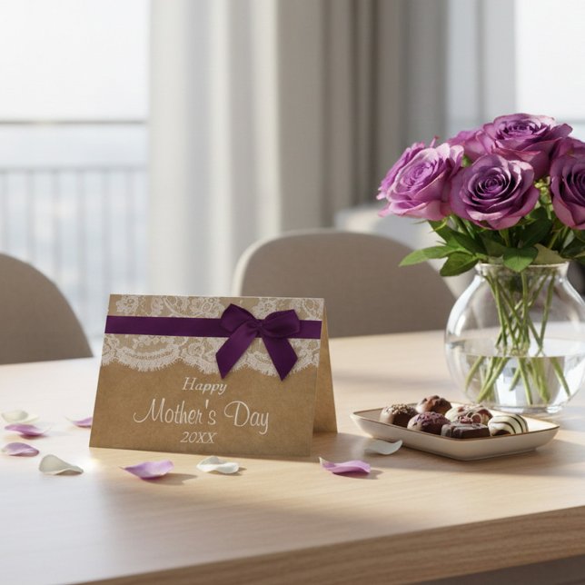 Kraft, Lace & Purple Bow Happy Mother's Day Card (Creator Uploaded)