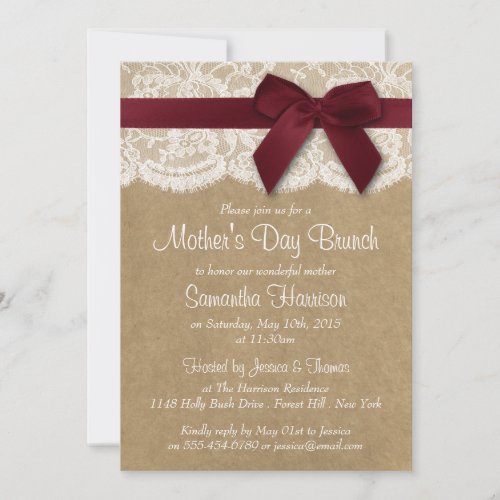 Kraft Lace  Red Bow Mothers Day Brunch Invitation