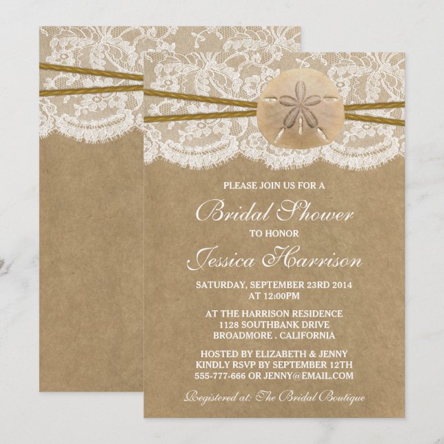 Kraft, Lace & Sand Dollar Beach Bridal Shower Invitation (Front/Back)