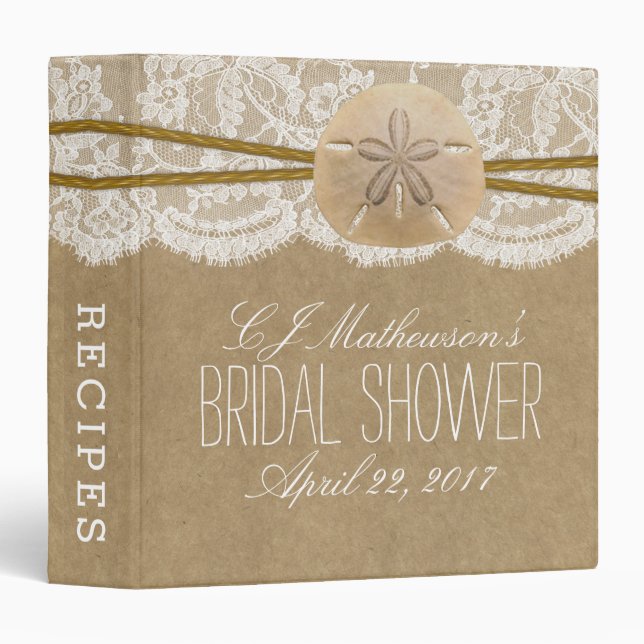 Kraft, Lace Sand Dollar Beach Bridal Shower Recipe Binder (Front/Spine)