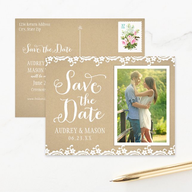 Kraft Lace Script Photo Save the Date Announcement Postcard (Creator Uploaded)
