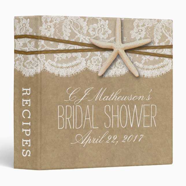 Kraft, Lace & Starfish Beach Bridal Shower Recipe Binder (Front/Spine)