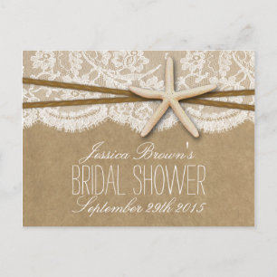 Kraft, Lace & Starfish Beach Bridal Shower Recipe Invitation Postcard