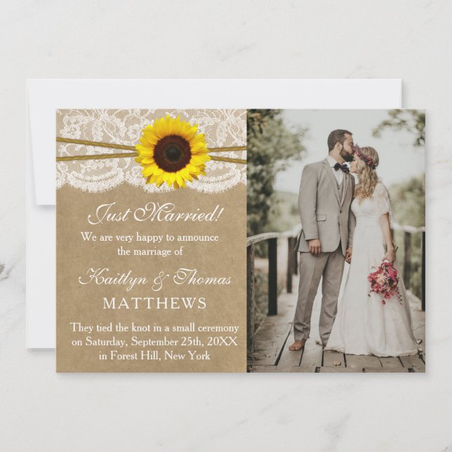 Kraft, Lace & Sunflower Wedding Photo Marriage Announcement (Front)
