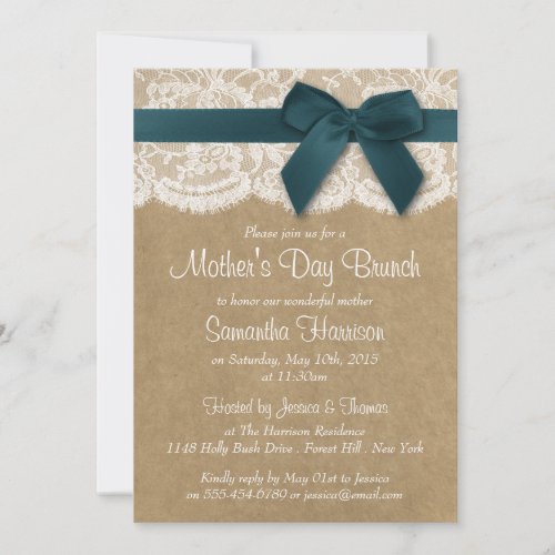Kraft Lace  Teal Bow Mothers Day Brunch Invitation
