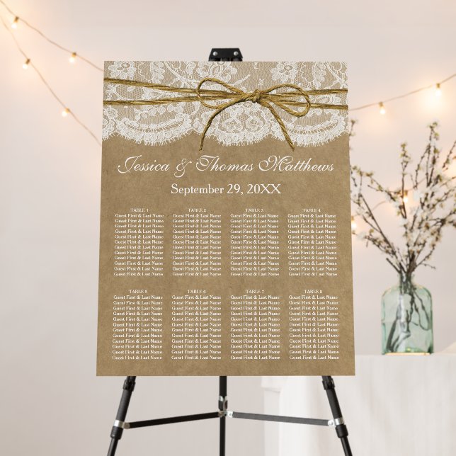 Kraft & Lace & Twine Bow Wedding Seating Chart Foam Board (In Situ (Stand))