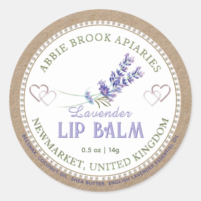 Kraft Lavender Lip Balm Label with Hearts (Front)