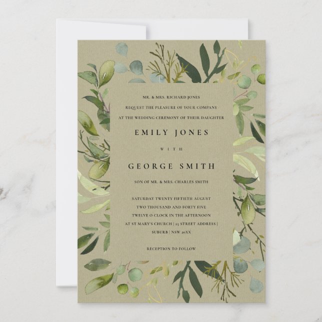KRAFT LEAFY FRAME GREEN FOLIAGE WATERCOLOR WEDDING INVITATION (Front)