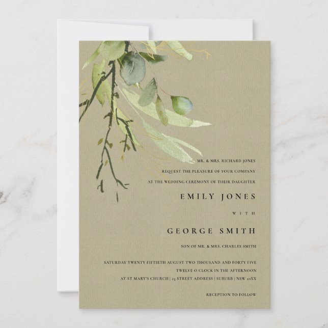 KRAFT LEAFY GREEN FOLIAGE BUNCH WATERCOLOR WEDDING INVITATION (Front)