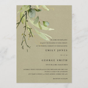 KRAFT LEAFY GREEN FOLIAGE BUNCH WATERCOLOR WEDDING INVITATION