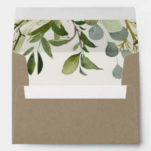 KRAFT LEAFY GREEN GOLD FOLIAGE WATERCOLOR ADDRESS ENVELOPE