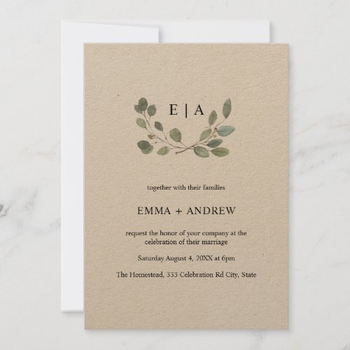 Kraft Leaves Watercolor Laurel Wedding Wedding Invitation