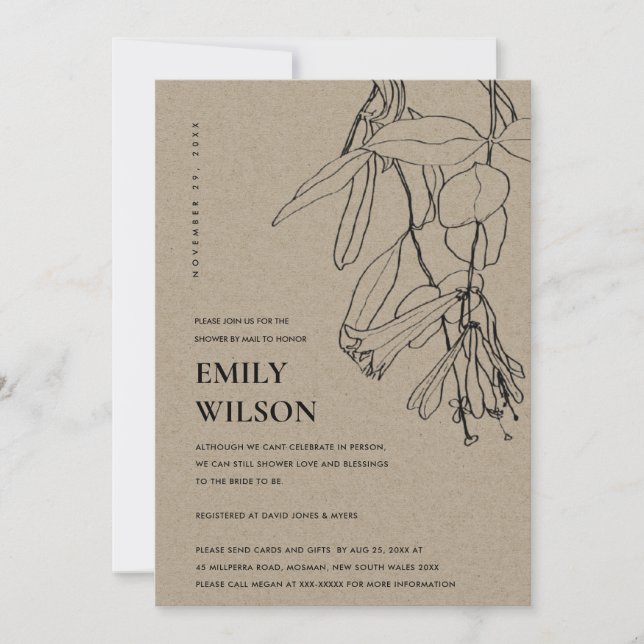 KRAFT LINE DRAWING FLORAL SHOWER BY MAIL INVITE (Front)