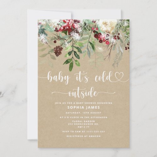 Kraft look Evergreen Baby its cold outside Invitation