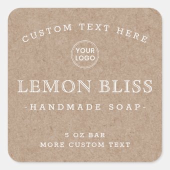 Kraft look paper white text square product labels | Zazzle