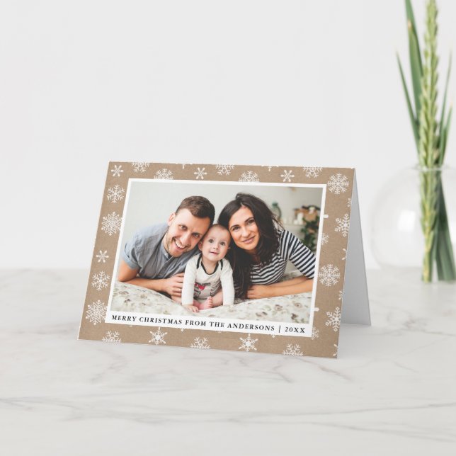 Kraft Merry Christmas Family Photo Snowflakes Fold Holiday Card (Front)