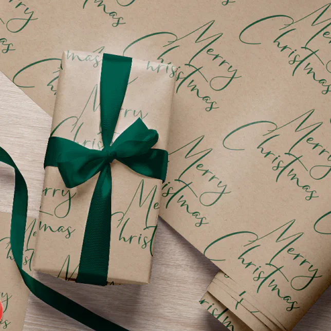 Kraft Merry Christmas Green Script Wrapping Paper | Zazzle