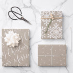 Kraft Merry Christmas script and Snowflakes set Wrapping Paper Sheets<br><div class="desc">Christmas gift wrapping paper set feature modern calligraphy merry Christmas script,  bold snowflakes and textured stars on kraft paper background
Select "Click to customize further" to adjust pattern size.</div>