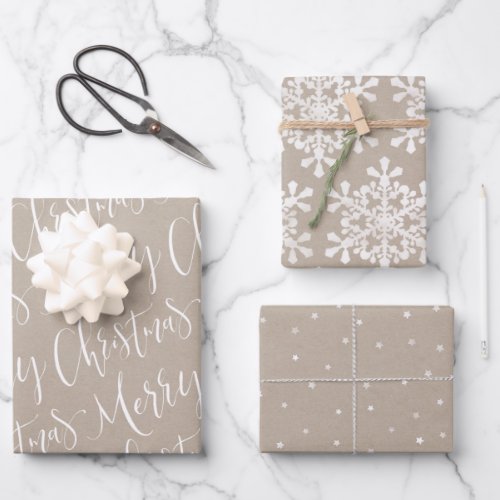 Kraft Merry Christmas script and Snowflakes set Wrapping Paper Sheets