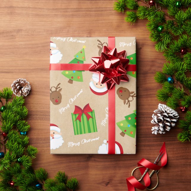 Kraft Merry Christmas Tree Santa Gifts Rudolph Wrapping Paper (Holiday Gift)
