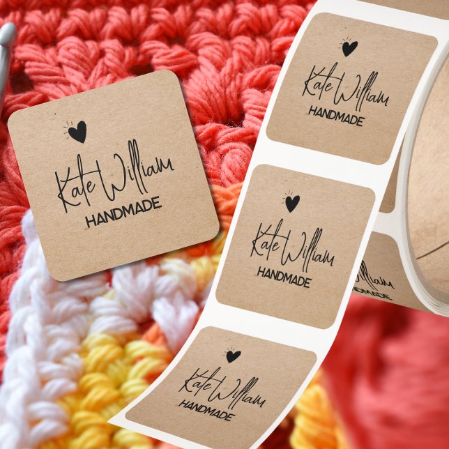 kraft Minimalist Custom heart handmade by  Square Sticker (Creator Uploaded)