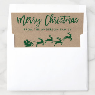 Kraft Modern Brush Script Santa Christmas Green Envelope Liner