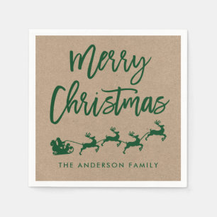 Kraft Modern Brush Script Santa Christmas Green Napkins
