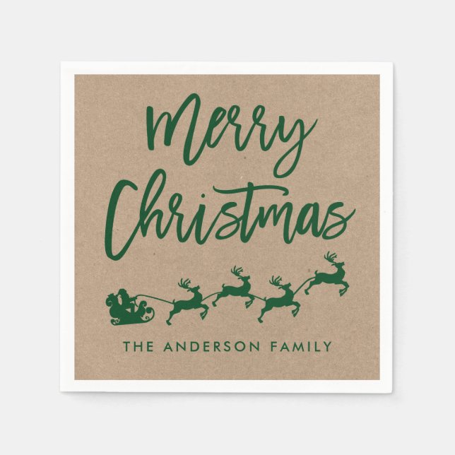Kraft Modern Brush Script Santa Christmas Green Napkins (Front)