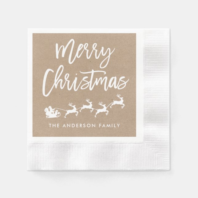 Kraft Modern Brush Script Santa Christmas Napkins (Front)