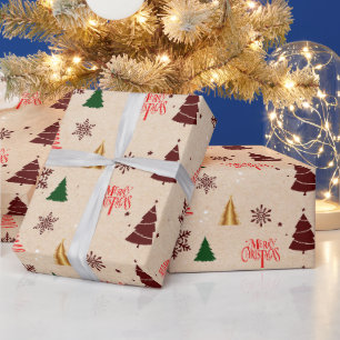 Kraft Modern Christmas Tree and Snow flakes Gift Wrapping Paper
