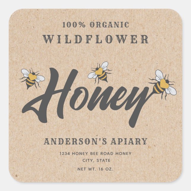 Kraft  Modern heart honey bee honey jar  Square Sticker (Front)