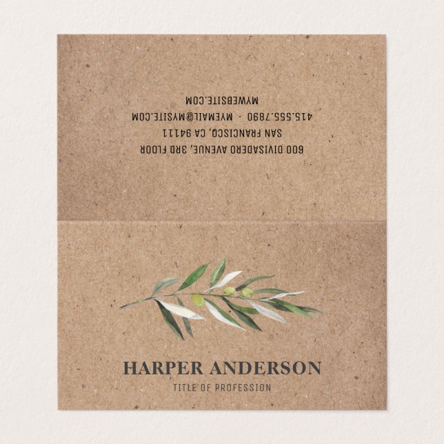 Kraft Modern Minimal Green Olive Tree Professional Business Card (Outside Unfolded)