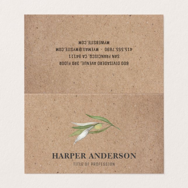 Kraft Modern Minimal Green Olive Tree Professional Business Card (Outside Unfolded)