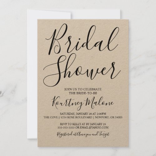 Kraft Modern Script Bridal Shower Invitation