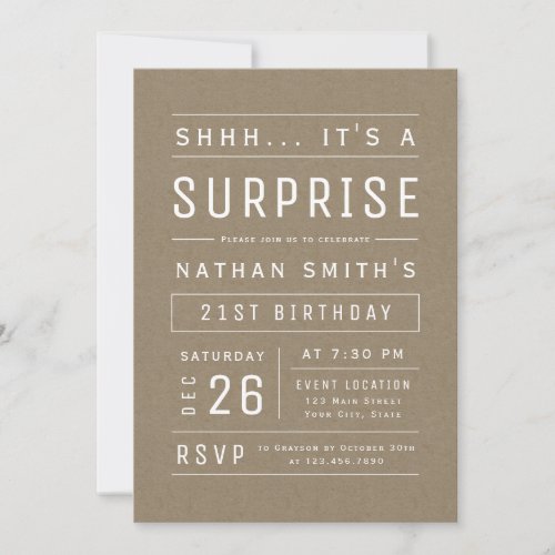 Kraft Modern Simple Typography Surprise Birthday Invitation